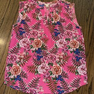 J. CREW Hot Pink Tropical Floral Sleeveless Split Neck Tank Top Blouse Size 4
